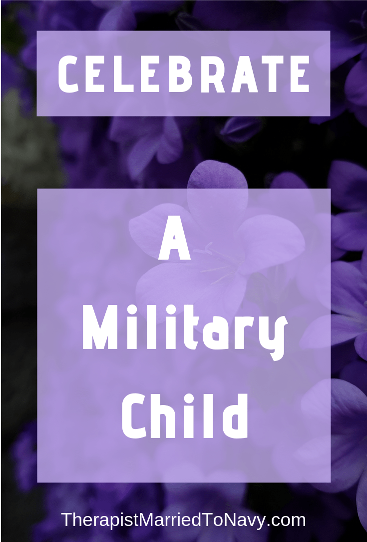 Purple flowers and that says celebrate a military child